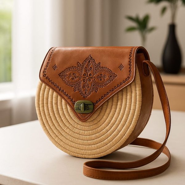 Madeina Handwoven Straw & Leather Crossbody Bag - Image 3