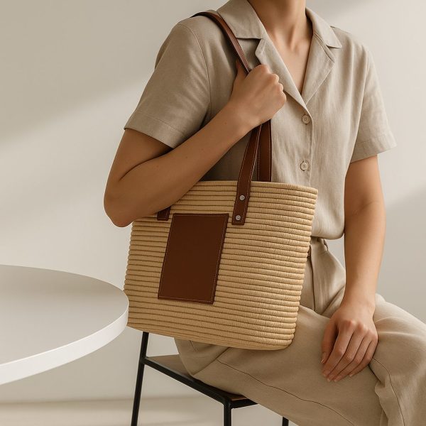 Handwoven Moroccan Straw Tote Bag with Leather Accents - Image 3