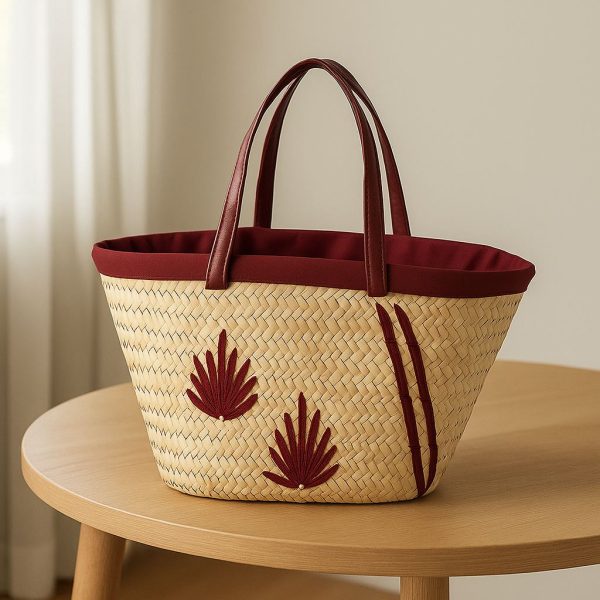 Moroccan Handwoven Straw Tote with Leather Patch and Handles close up