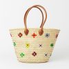 Moroccan Handwoven Floral Straw Basket with Leather Handles