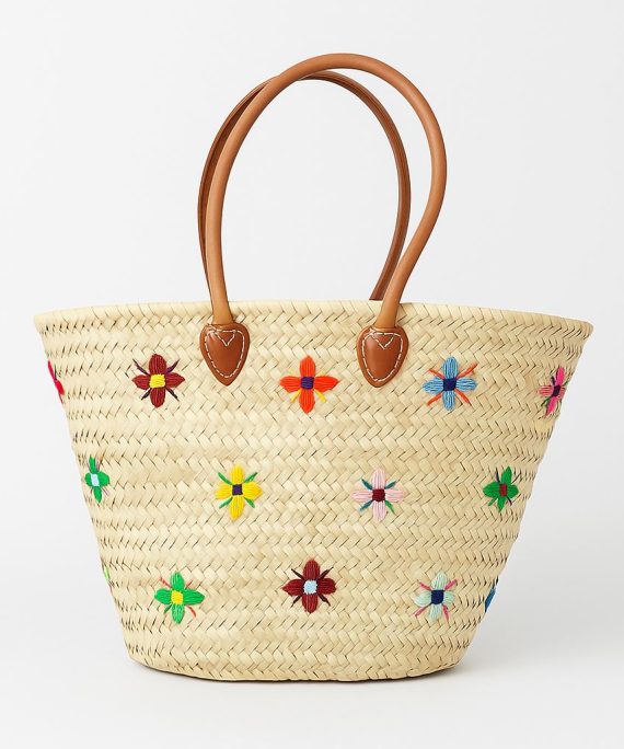 Moroccan Handwoven Floral Straw Basket with Leather Handles