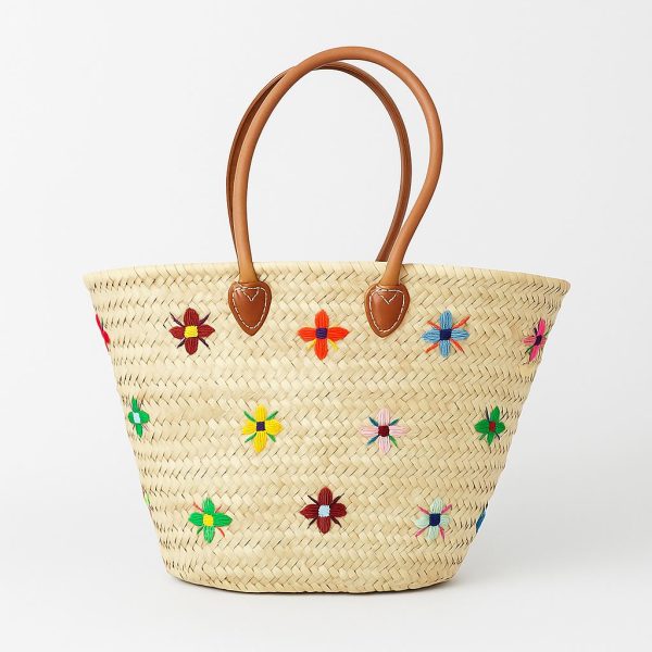 Moroccan Handwoven Floral Straw Basket with Leather Handles