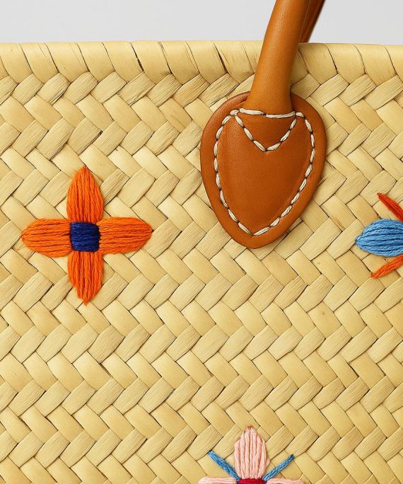 Moroccan Handwoven Floral Straw Basket with Leather Handles close up