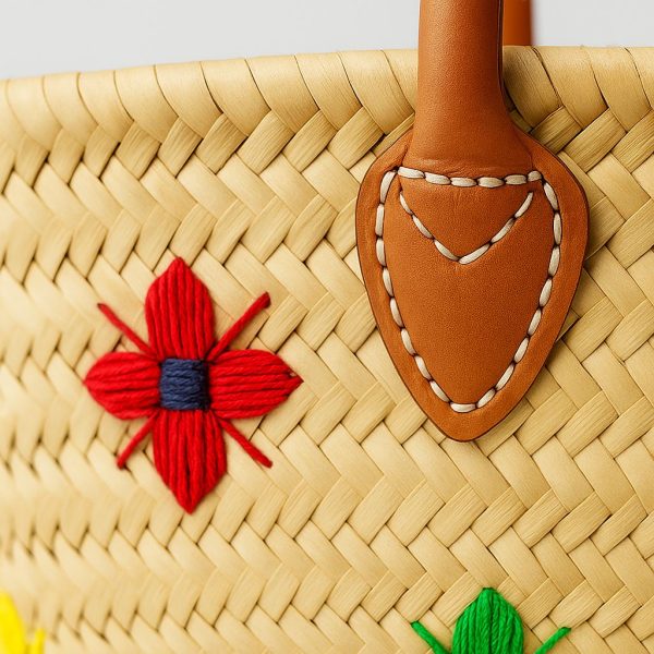 Moroccan Handwoven Floral Straw Basket with Leather Handles close up