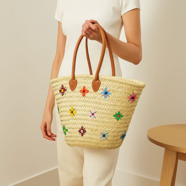 Moroccan Handwoven Floral Straw Basket with Leather Handles close up