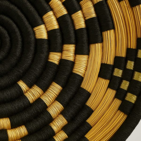 Moroccan Handmade Black & Gold Woven Plate close up