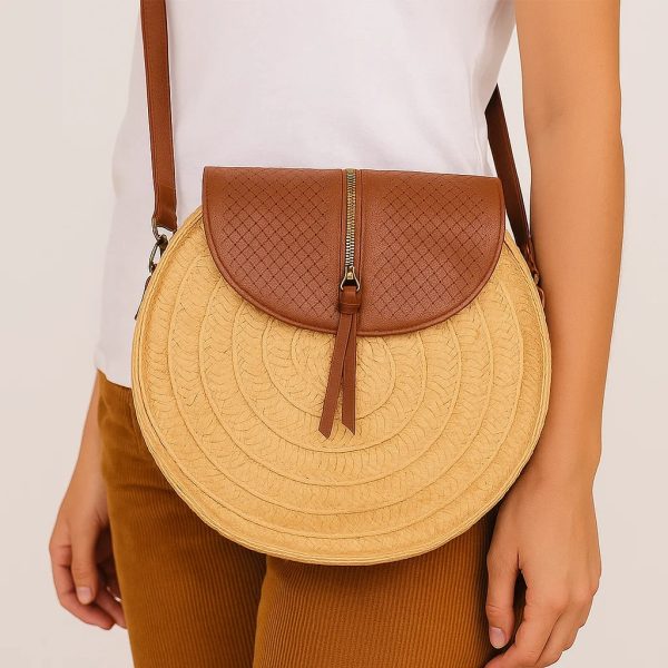 Round Woven Crossbody Bag with Leather Flap - Image 2