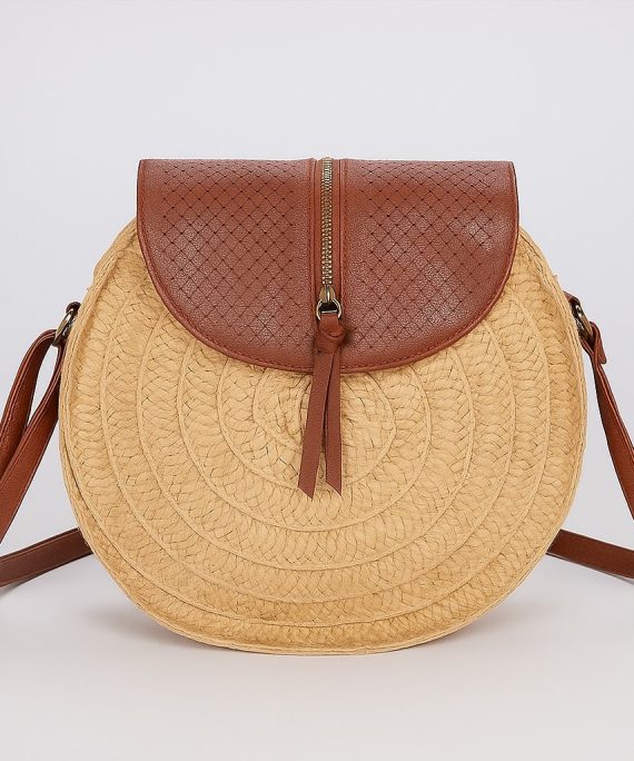 Round Woven Crossbody Bag with Leather Flap