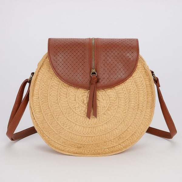 Round Woven Crossbody Bag with Leather Flap