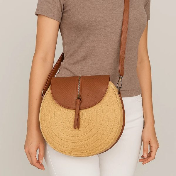 Round Woven Crossbody Bag with Leather Flap - Image 3