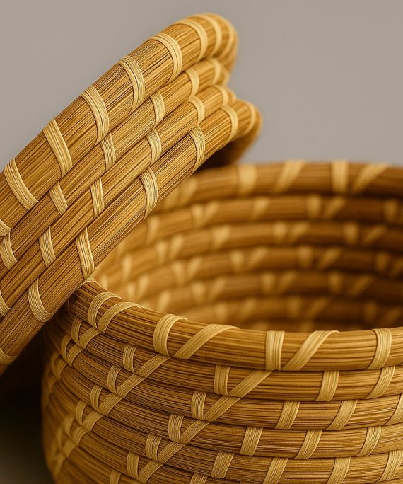 Handwoven Moroccan Palm Leaf Basket with Lid close up