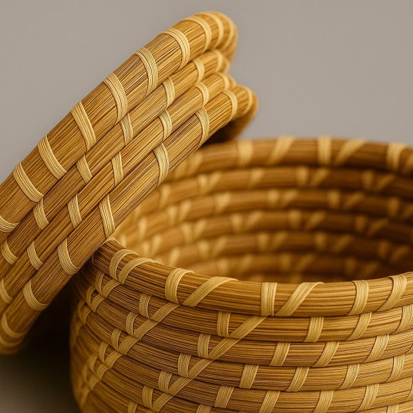 Handwoven Moroccan Palm Leaf Basket with Lid close up