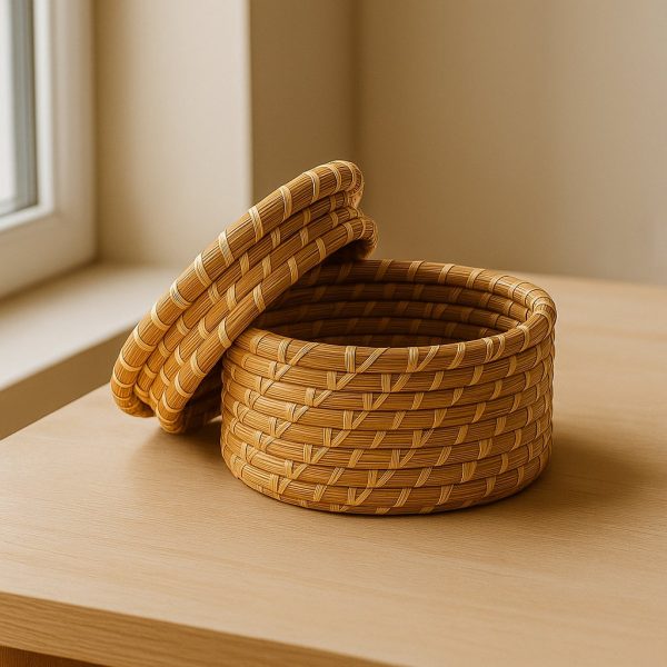 Handwoven Moroccan Palm Leaf Basket with Lid