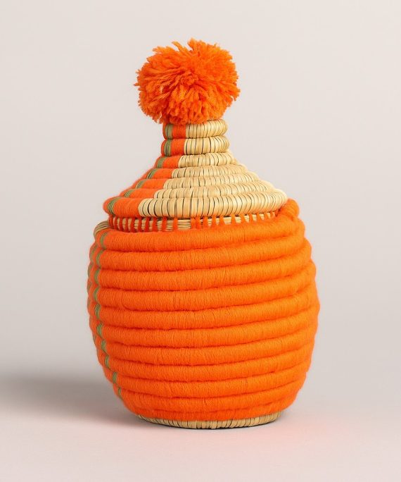 Handwoven Moroccan Wool & Palm Basket with Lid