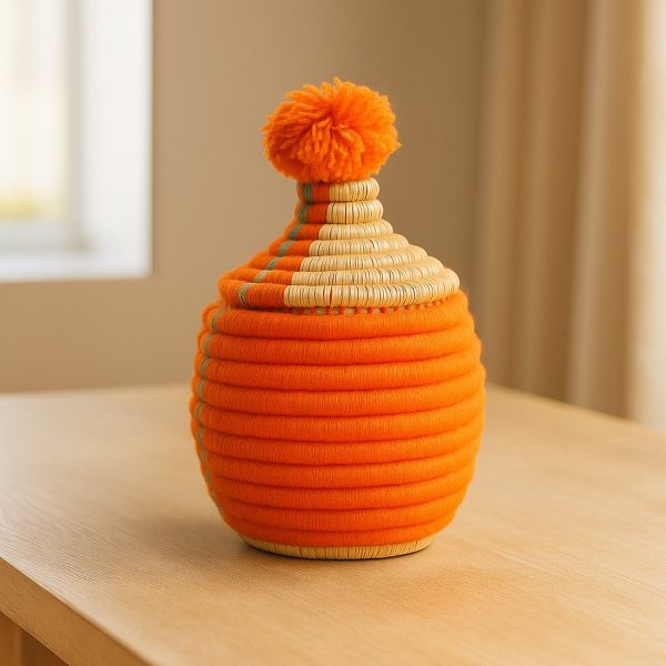 Handwoven Moroccan Wool & Palm Basket with Lid