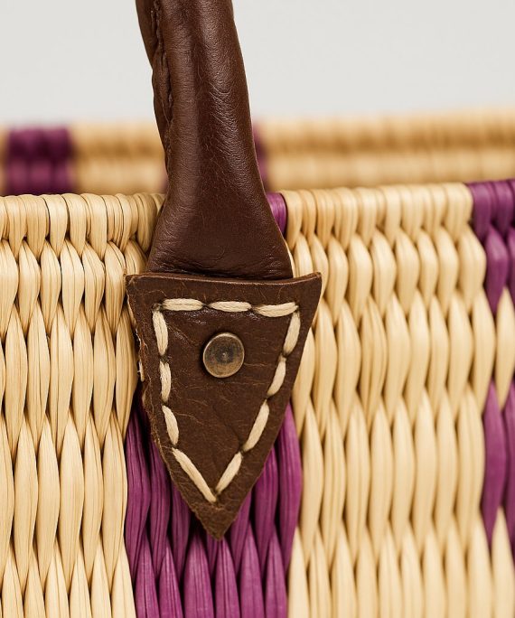 Handwoven Moroccan Palm and Leather Basket Bag – Artisanal Tamghart Handbag, Berber Market Style close up
