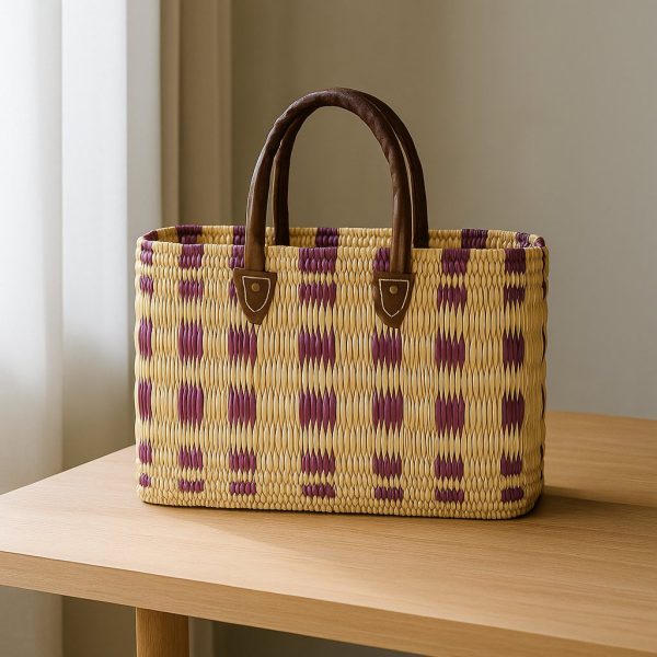 Handwoven Moroccan Palm and Leather Basket Bag – Artisanal Tamghart Handbag, Berber Market Style close up