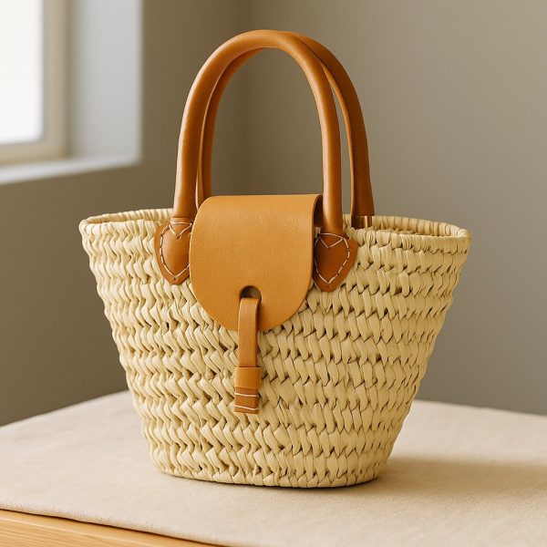 Handwoven Moroccan Palm and Leather Tote Bag – Artisanal Berber Handbag from Tamghart, Eco-Friendly Market Basket