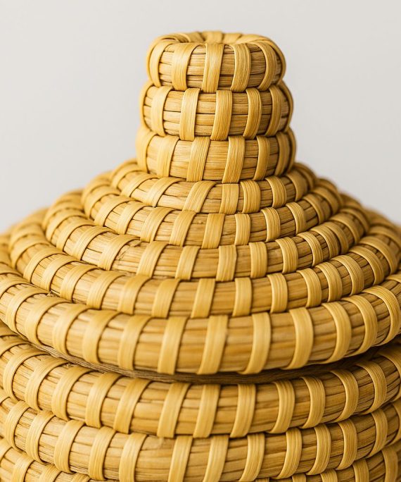 Handwoven Moroccan Palm Leaf Storage Basket with Lid – Artisanal Berber Basket from Tamghart, Authentic Hand-Coiled Decor close up