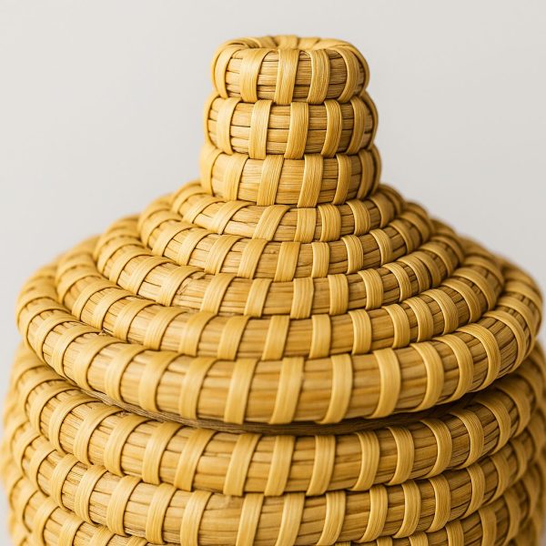 Handwoven Moroccan Palm Leaf Storage Basket with Lid – Artisanal Berber Basket from Tamghart, Authentic Hand-Coiled Decor close up