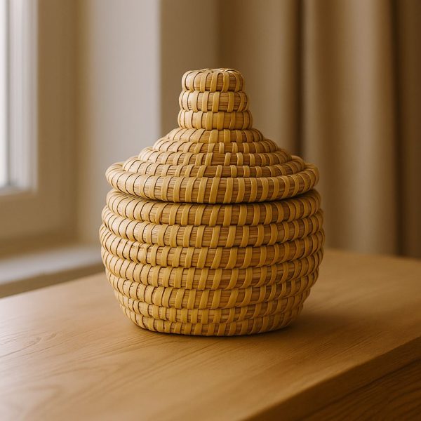 Handwoven Moroccan Palm Leaf Storage Basket with Lid – Artisanal Berber Basket from Tamghart, Authentic Hand-Coiled Decor