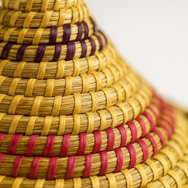 Handwoven Moroccan Palm Leaf Storage Basket with Lid – Artisanal Berber Basket from Tamghart, Authentic Hand-Coiled Decor close up
