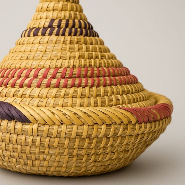 Handwoven Moroccan Palm Leaf Storage Basket with Lid – Artisanal Berber Basket from Tamghart, Authentic Hand-Coiled Decor close up