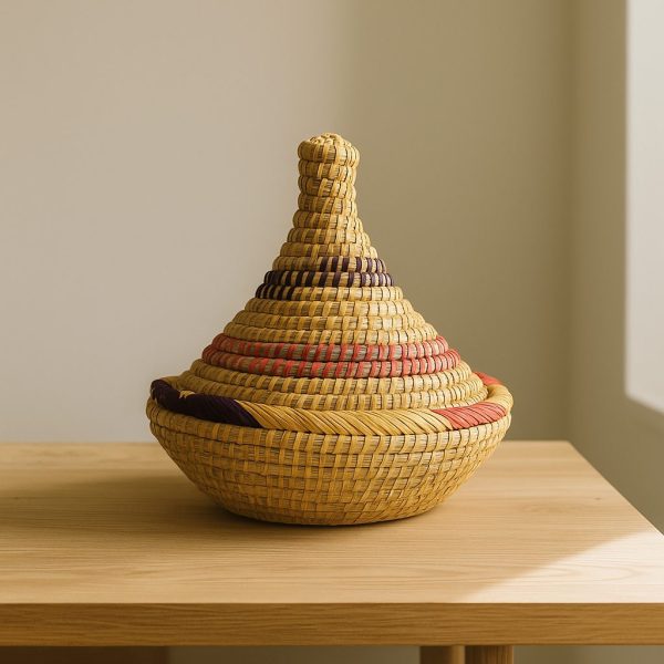 Handwoven Moroccan Palm Leaf Storage Basket with Lid – Artisanal Berber Basket from Tamghart, Authentic Hand-Coiled Decor